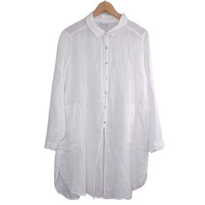 Pure Match 100% Linen Lagenlook Coastal Beachy Button Down Front Tunic Top